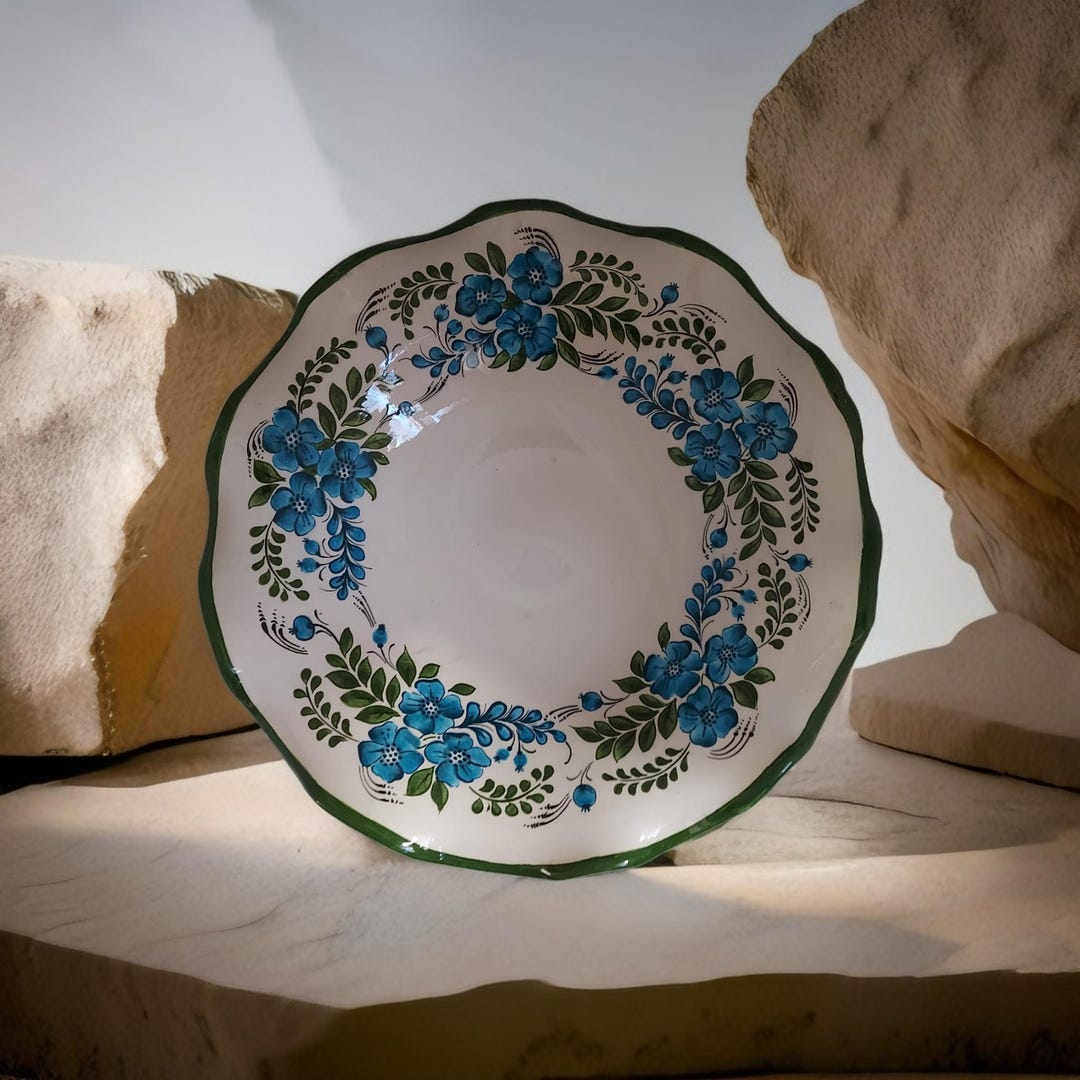 Hand-painted Ruffled Ceramic Plate: Blue Floral Turkish Pottery - Etsy
