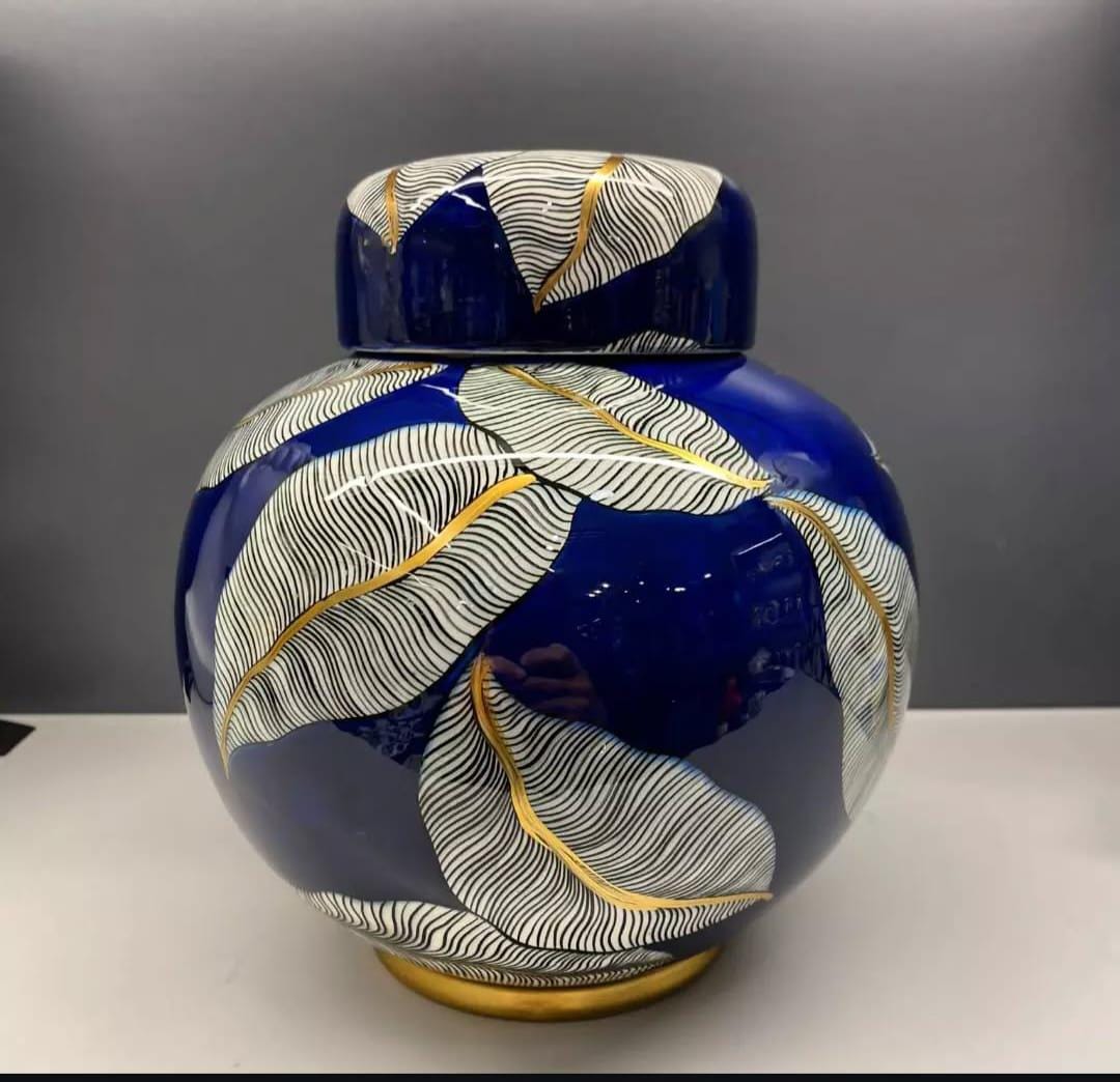 手作りの青い陶器の瓶：金箔模様、装飾的な乾燥収納 - Etsy 日本