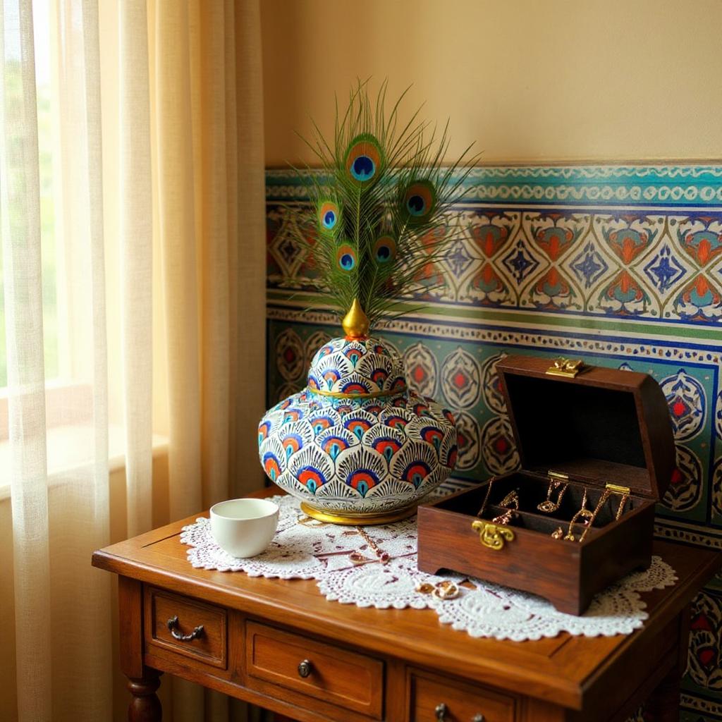 手描きの孔雀の羽根模様の陶器の花瓶、蓋付き装飾陶器瓶、ホーム