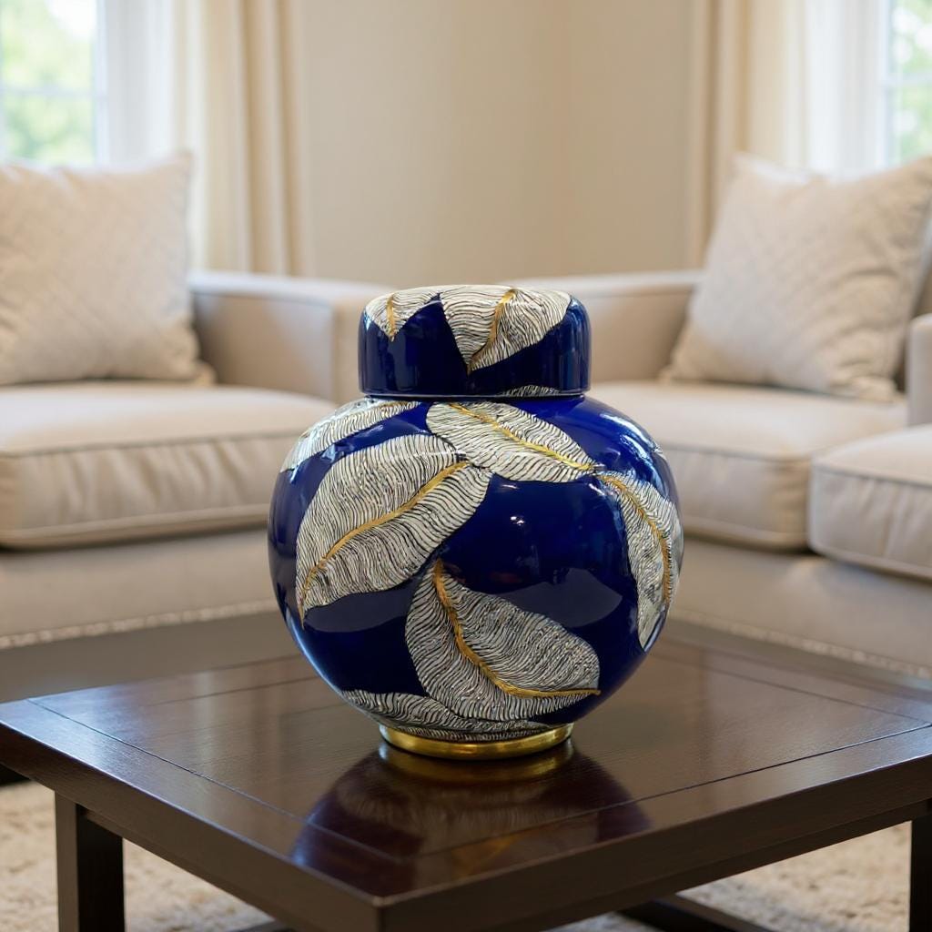 手作りの青い陶器の瓶：金箔模様、装飾的な乾燥収納 - Etsy 日本