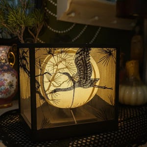 Zen Japanese Lamp | Pine Crane Embroidered Shade | Wooden Wabi-Sabi Table Lamp | Oriental Ambient Light | Meditation & Bedroom Decor