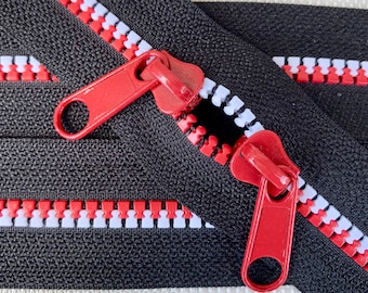 Black Tape w/ Red & Whited Molded #5 Plastic Zipper Teeth Yardage for Handbags, Duffles, Weekend Bags