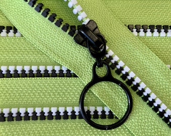 LIME Tape w/ Black & Whited Molded #5 Plastic Zipper Teeth Yardage for Handbags, Duffles, Weekend Bags