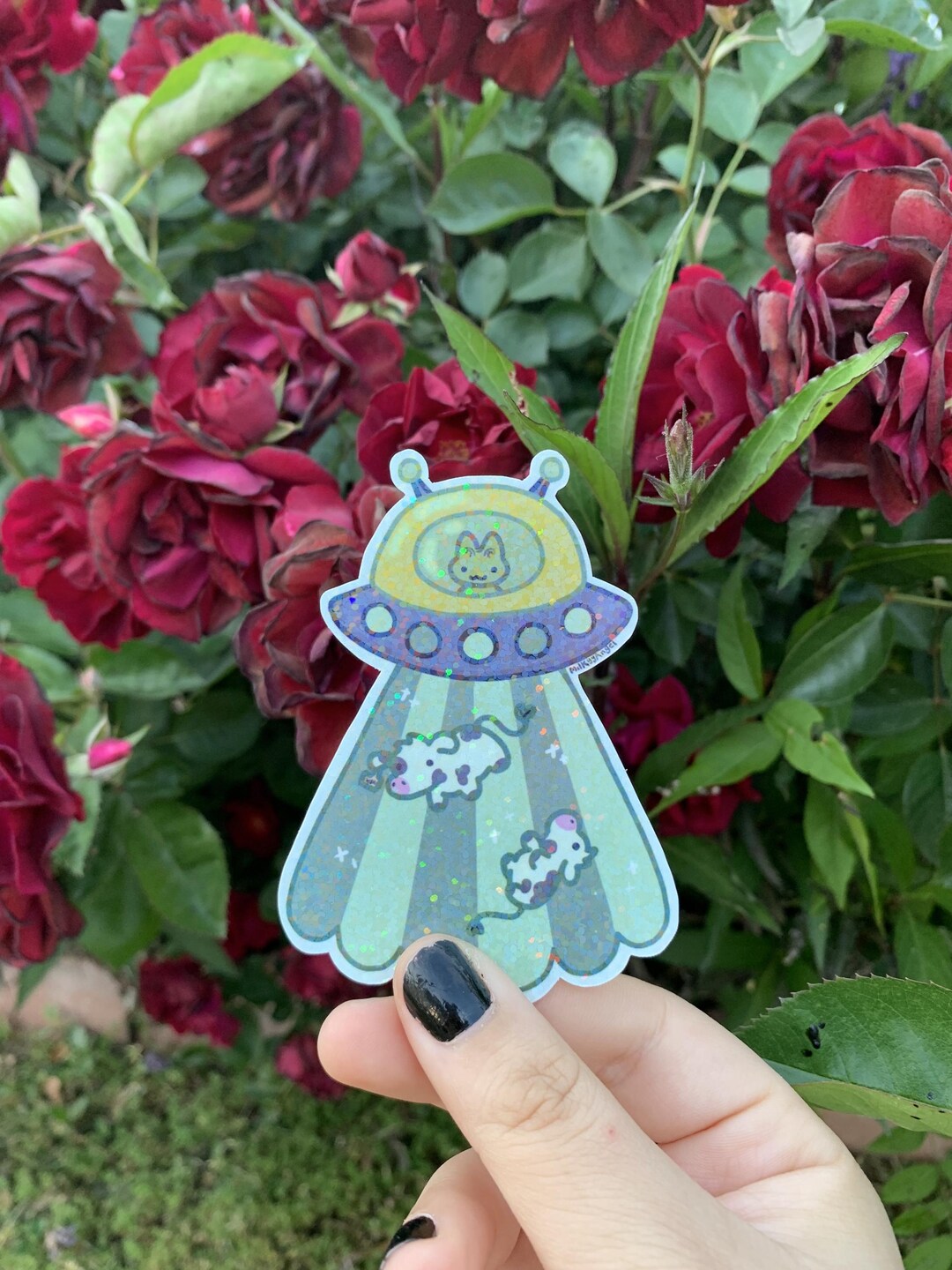 Alien Cat Cow UFO Sticker | Holographic Sticker - Etsy