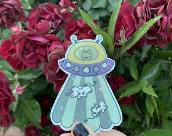 Alien Cat Cow UFO Sticker | Holographic sticker