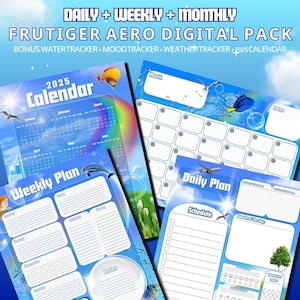 Puede incluir: Un paquete de planificadores digitales con un esquema de color azul y blanco. El paquete incluye un calendario 2025, un planificador semanal y un planificador diario. Las páginas están decoradas con un arcoíris, nubes y un delfín. El texto en las páginas dice "Daily + Weekly + Monthly", "Frutiger Aero Digital Pack", "Bonus Water Tracker + Mood Tracker + Weather Tracker + 2025 Calendar", "2025 Calendar", "Month", "Notes", "Weekly Plan", "Notes", "Daily Plan", "Doodle of the Day", "Schedule", y "8888".