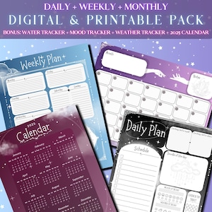 May include: A collection of digital and printable planning pages. The image includes a weekly plan, a monthly calendar for 2025, and daily plan sheets. The pages feature celestial designs and include trackers for water, mood, and weather.