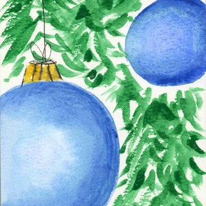 Cartão postal pintado original em aquarela, cartão de Natal, ornamentos azuis, cartão postal 4X6