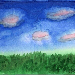 水彩オリジナルペイントポストカード ピンクの雲と暗い空 4X6