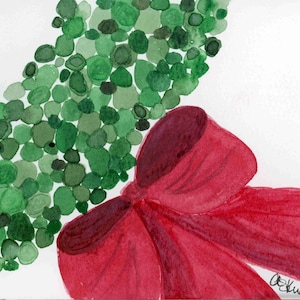 Cartão postal pintado original em aquarela, cartões de Natal, guirlanda com grande laço vermelho 4X6, artista do Texas