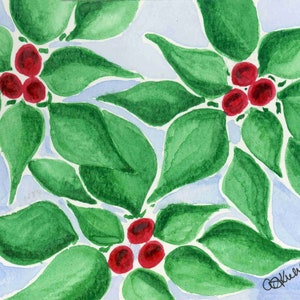 Acuarela original Pintor Postal Tarjeta navideña Flor de Pascua verde 4X6 Artista de Texas