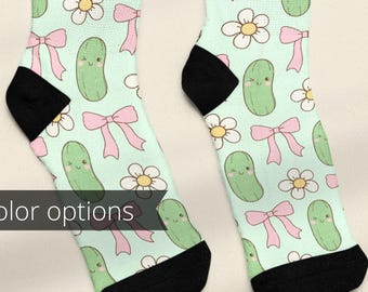 Cute Coquette Style Pickle Socks, Gift For Pickle Lover, Pickle Festival Cushioned Crew Length Socks