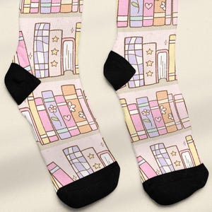 Book Lover Socks, Gift For Someone Who Loves Reading, Bookshelf Printed Cushioned Crew Length Sock, Book Club Gift