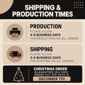 Puede incluir: Un gr&aacute;fico informativo con un esquema de colores negro y beige titulado SHIPPING & PRODUCTION TIMES. Indica una producci&oacute;n de 4 a 8 d&iacute;as h&aacute;biles, un env&iacute;o de 3 a 6 d&iacute;as h&aacute;biles y una fecha l&iacute;mite de pedido para Navidad el 7 de diciembre.