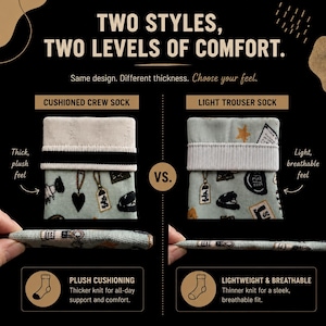 Puede incluir: Un gr&aacute;fico comparativo titulado TWO STYLES, TWO LEVELS OF COMFORT que muestra un calcet&iacute;n acolchado y uno fino. Ambos calcetines presentan una tela verde claro con un patr&oacute;n de peque&ntilde;os iconos oscuros, incluyendo corazones y etiquetas.