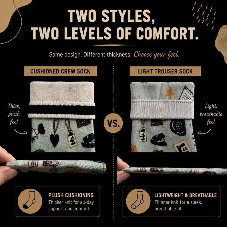 Puede incluir: Un gr&aacute;fico comparativo titulado TWO STYLES, TWO LEVELS OF COMFORT que muestra un calcet&iacute;n acolchado y uno fino. Ambos calcetines presentan una tela verde claro con un patr&oacute;n de peque&ntilde;os iconos oscuros, incluyendo corazones y etiquetas.