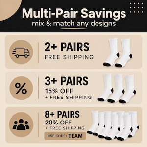 Puede incluir: Un gr&aacute;fico promocional titulado Multi-Pair Savings mix & match any designs. Muestra tres niveles de descuento para calcetines blancos con punteras y talones negros, con iconos de env&iacute;o, porcentaje de descuento y el c&oacute;digo TEAM.