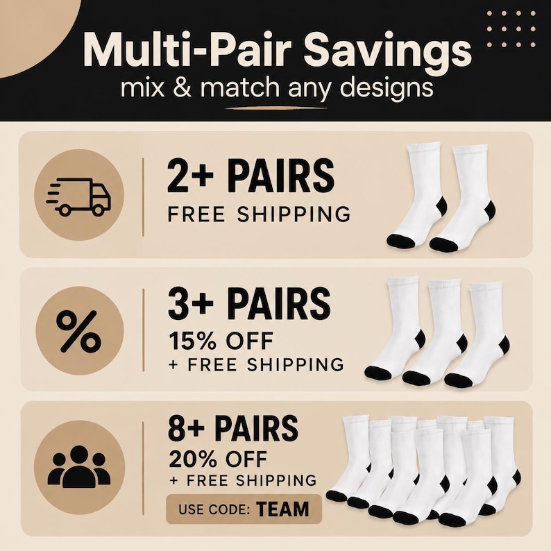 Puede incluir: Un gr&aacute;fico promocional titulado Multi-Pair Savings mix & match any designs. Muestra tres niveles de descuento para calcetines blancos con punteras y talones negros, con iconos de env&iacute;o, porcentaje de descuento y el c&oacute;digo TEAM.