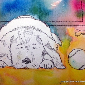 May include: A watercolor painting of a white dog sleeping with its eyes closed. The dog is lying on its side with its head resting on its paws. The background is a colorful watercolor wash of blue, pink, and yellow.
