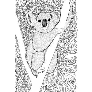 May include: Black and white illustration of a koala bear perched on a tree branch. The koala is rendered in a textured style, with the background filled with abstract text and shapes. The artwork is detailed and whimsical.