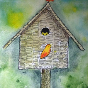 May include: Watercolor painting of a birdhouse with two orange birds. The birdhouse is beige with a circular opening and is mounted on a brown post. The background is a blend of green and blue.