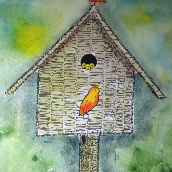 Benutzerdefinierte lackiert Vogelhaus Worte gemacht! Handbemalter Giclee von Carol Bloomgarden | Poetische Kunst Mikrographie