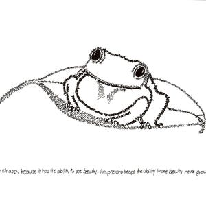 May include: A black and white line drawing of a frog sitting on a leaf. The frog and leaf are composed of text. The text at the bottom of the image reads: "Youth is happy because it has the ability to see beauty. Anyone who keeps the ability to see beauty never grows old."