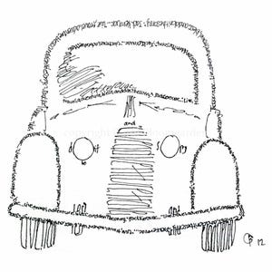 May include: Line drawing of a vintage car, composed of words and phrases. The car's outline is formed by text, including phrases like "live, travel, adventure." The words "do it" and "so on" are visible. Signed "CB 12".