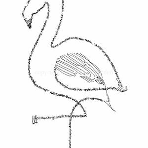May include: A black and white line drawing of a flamingo. The flamingo's outline is formed by a continuous line of text, including the phrase "Life is like riding a bicycle. To keep your balance, you must keep moving."