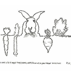 Puede incluir: Dibujo lineal en blanco y negro de un conejo, zanahorias y un rábano. El conejo y las verduras están formados por líneas de texto. El texto en la parte inferior dice: "El mundo está lleno de cosas mágicas que esperan pacientemente que nuestro ingenio se agudice. Bertrand Russell."