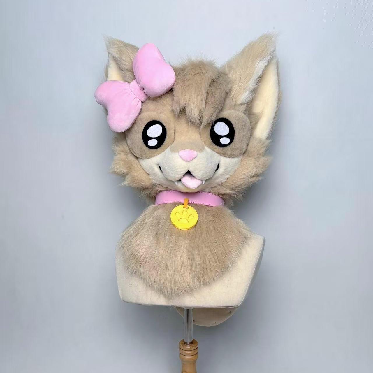 Custom Kemono Furry Head Comission OPEN – [Showcase-Not for Sale] Beige furry head with pink bow | mini partial | Made to Order