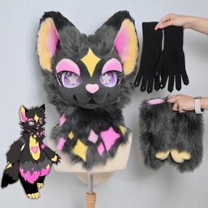 SOLD OUT! Adopt Noria | Mini Partial Fursuit Wolf – Ready to Ship Premade Furry Head + Paws – Sparkling Night Sky Theme | LumiSeedFursuit