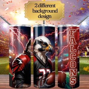 May include: Two designs for a tumbler featuring a cartoon falcon wearing a football jersey with the word "FALCONS" on the side. The background is a red and black lightning pattern.