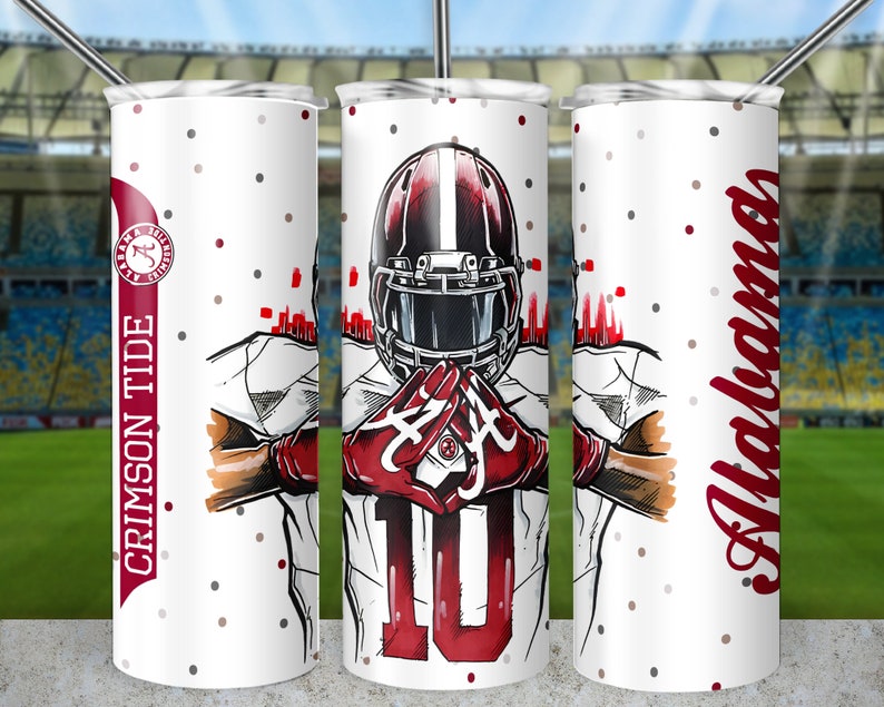 May include: White tumbler with a red and black football player graphic, the text "Crimson Tide" and a red and black Alabama logo. The background is white with small red and gray dots.