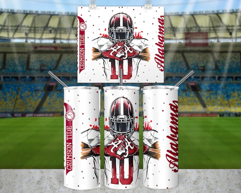 May include: Three white tumblers with a white background and black polka dots. The tumblers feature a cartoon image of a football player wearing a red and white uniform with the words "Crimson Tide" and "Alabama" on the sides.