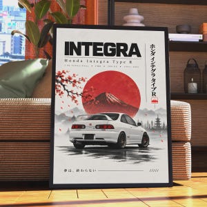 Könnte beinhalten: Ein gerahmtes Poster mit einem weißen Honda Integra Type R von hinten. Der Hintergrund zeigt eine große rote Sonne, den Berg Fuji, Kirschblütenzweige und eine Pagode. Der Text umfasst INTEGRA, Honda Integra Type R und japanische Schriftzeichen.