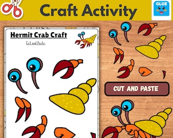Op de afbeelding: Een knutselactiviteitenblad met een heremietkreeftthema, met uitgesneden elementen zoals ogen, scharen en schelpen. De titel "Hermit Crab Craft Activity" wordt weergegeven, samen met een lijmfles en een schaargrafiek.