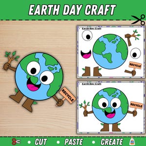 Può includere: Un progetto di artigianato colorato per la Giornata della Terra con un personaggio della Terra sorridente che tiene in mano un cartello "RICICLA". L'immagine include le istruzioni "CUT", "PASTE" e "CREATE".