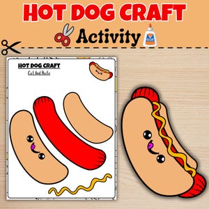 Peut inclure: Une feuille d'activité "Hot Dog Craft" colorée avec des éléments à découper et à coller. La feuille présente des hot-dogs, des pains et des condiments de dessins animés. L'image comprend des ciseaux, de la colle et le texte "Hot Dog Craft Activity".