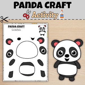 May include: A panda craft activity sheet with the text "Panda Craft" and "Cut and Paste". The sheet includes panda body parts for cutting and pasting. A completed panda illustration is shown next to the sheet. The words "Panda Craft Activity" are at the top.