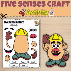 Puede incluir: Una hoja de actividades de manualidades titulada "Five Senses Craft" con un personaje de estilo Mr. Potato Head para cortar y pegar. La hoja incluye varios rasgos faciales y etiquetas para tocar, saborear, oler, ver y oír. Se muestra un personaje completo.