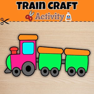 Może przedstawiać: Kolorowa aktywność rzemieślnicza z pociągiem ze słowami "TRAIN CRAFT Activity" w kolorze czarnym i pomarańczowym. Pociąg jest różowy, zielony i pomarańczowy z czarnymi kołami. Nożyczki i klej są również pokazane.