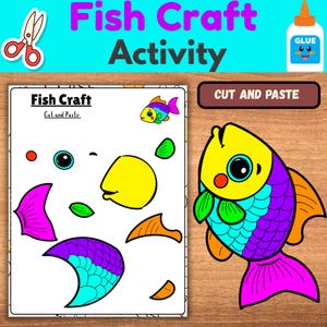 May include: A colorful Fish Craft Activity sheet with the words "Fish Craft Activity" in bright colors. The sheet includes cut-out fish parts and a completed fish illustration. Scissors and glue are also shown.