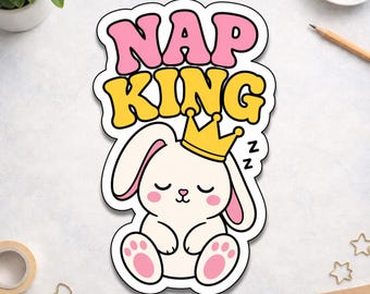 Sticker lapin roi sieste - Lapin endormi mignon avec sticker couronne - Cadeau drôle pour les amateurs de sieste pour les enfants, les adolescents et les fans d'animaux - Ordinateur portable, bouteille d'eau