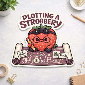 May include: A sticker featuring a cartoon strawberry wearing a mask and glasses, holding a pencil, and sitting on a blueprint. The text "Plotting a Strobbery" arches above the strawberry. The blueprint has "Top Secret!" and "Plan A" labels.