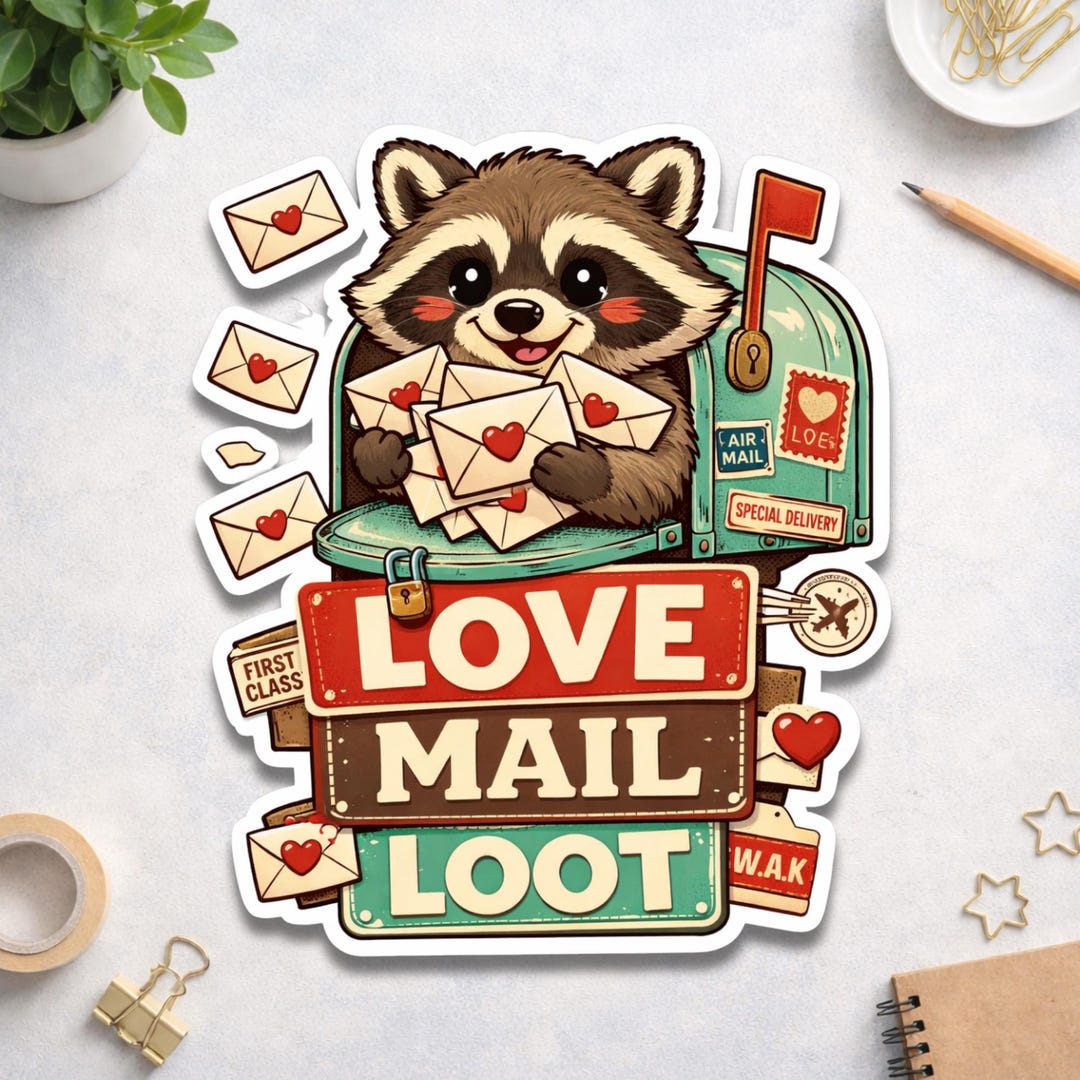 Love Mail Loot Raccoon Sticker Cute Valentine Postman Animal Vinyl ...