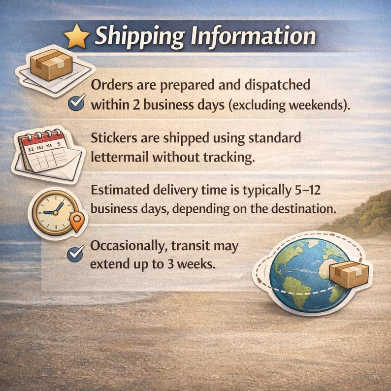 May include: An illustrated graphic with the text "Shipping Information". The graphic includes images of a package, calendar, clock, and globe with a package. Text details order preparation, shipping methods, and estimated delivery times.