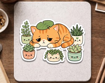 Sticker plante chat orange mignon - Sticker succulente kawaii - Sticker bouteille d'eau pour ordinateur portable Cottagecore confortable