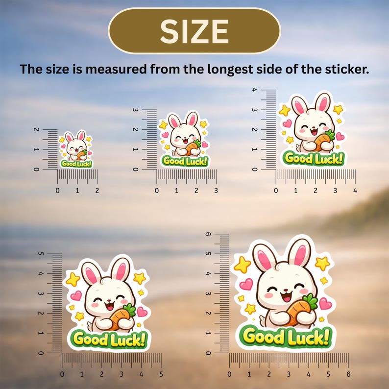 May include: A selection of white bunny stickers holding carrots, with the text "Good Luck!" and surrounded by stars and hearts. The stickers vary in size, with measurements in centimetres.