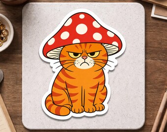 Sticker chat orange grincheux - Sticker chapeau champignon - Sticker cottagecore rigolo - Sticker bouteille d'eau pour ordinateur portable chat mignon
